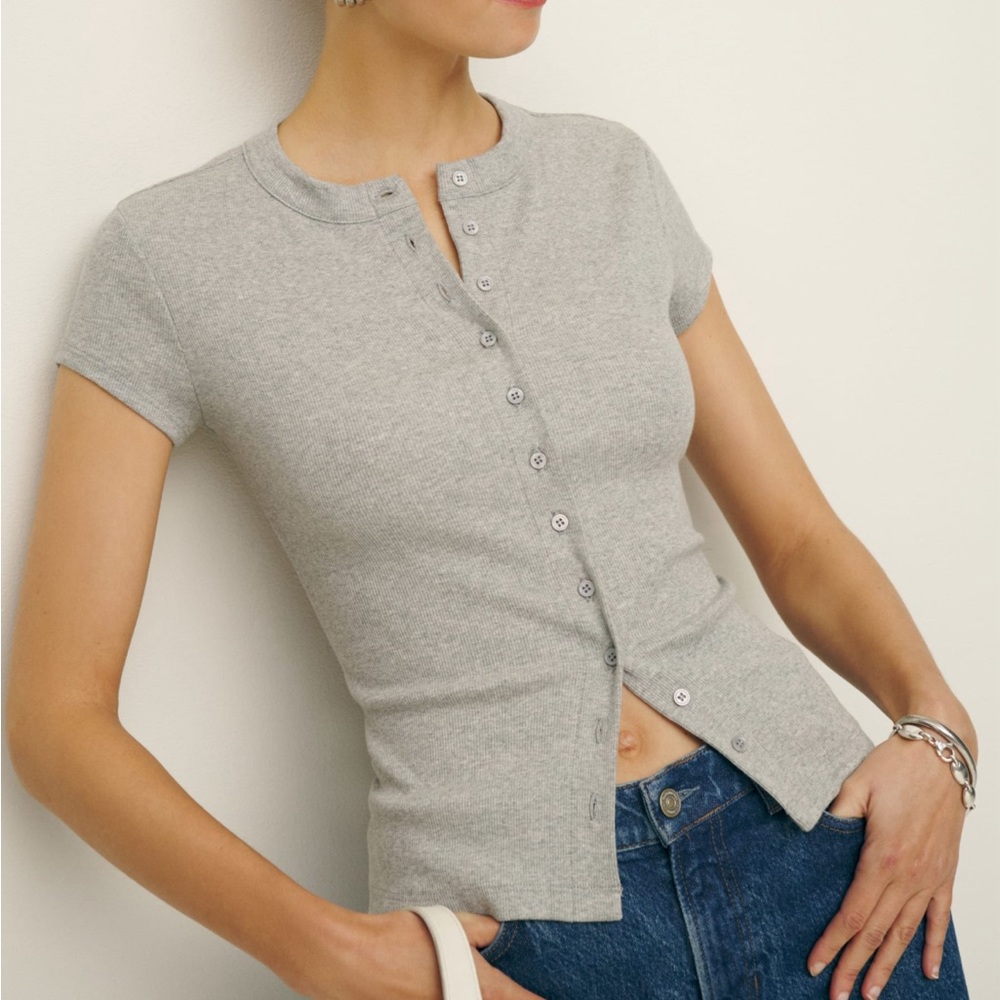 Reformation Short Sleeve Ribbed Button-Front Top in Light Gray